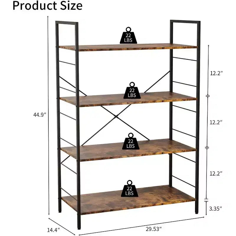 4 Tier Bookshelf, Large Bookcase w/Steel Frame, Industrial Book Shelves for Home Office, Rustic Book Shelf Organization & Storage for Bedroom