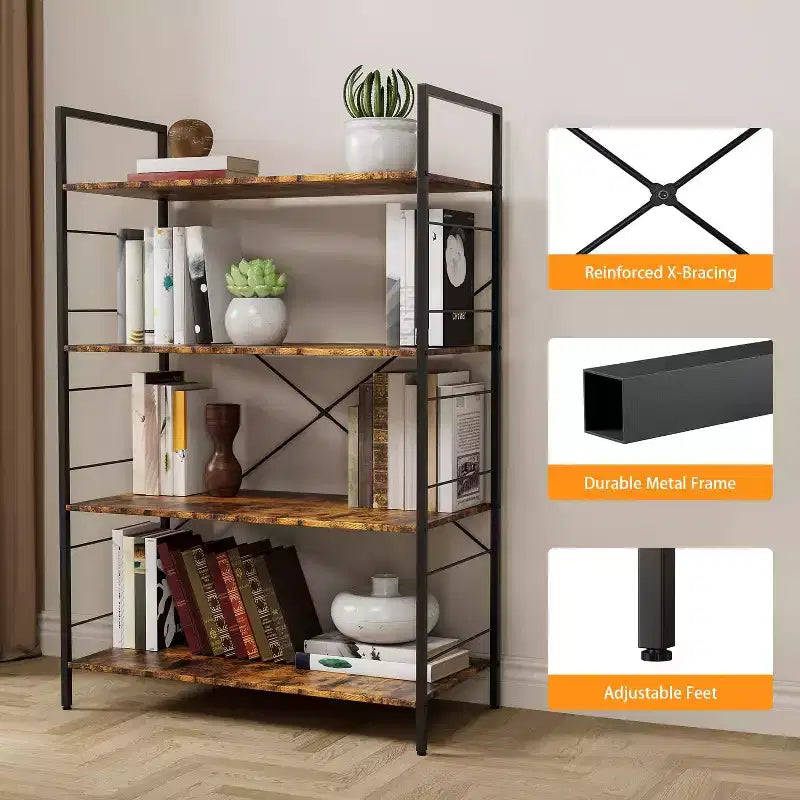 4 Tier Bookshelf, Large Bookcase w/Steel Frame, Industrial Book Shelves for Home Office, Rustic Book Shelf Organization & Storage for Bedroom