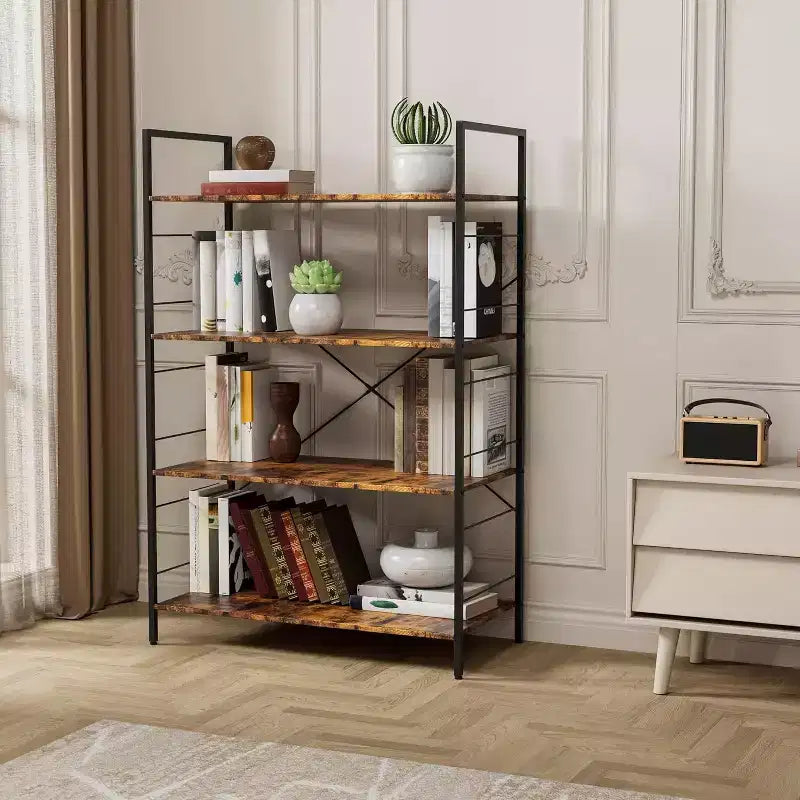 4 Tier Bookshelf, Large Bookcase w/Steel Frame, Industrial Book Shelves for Home Office, Rustic Book Shelf Organization & Storage for Bedroom