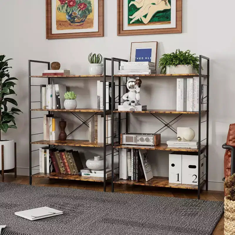 4 Tier Bookshelf, Large Bookcase w/Steel Frame, Industrial Book Shelves for Home Office, Rustic Book Shelf Organization & Storage for Bedroom