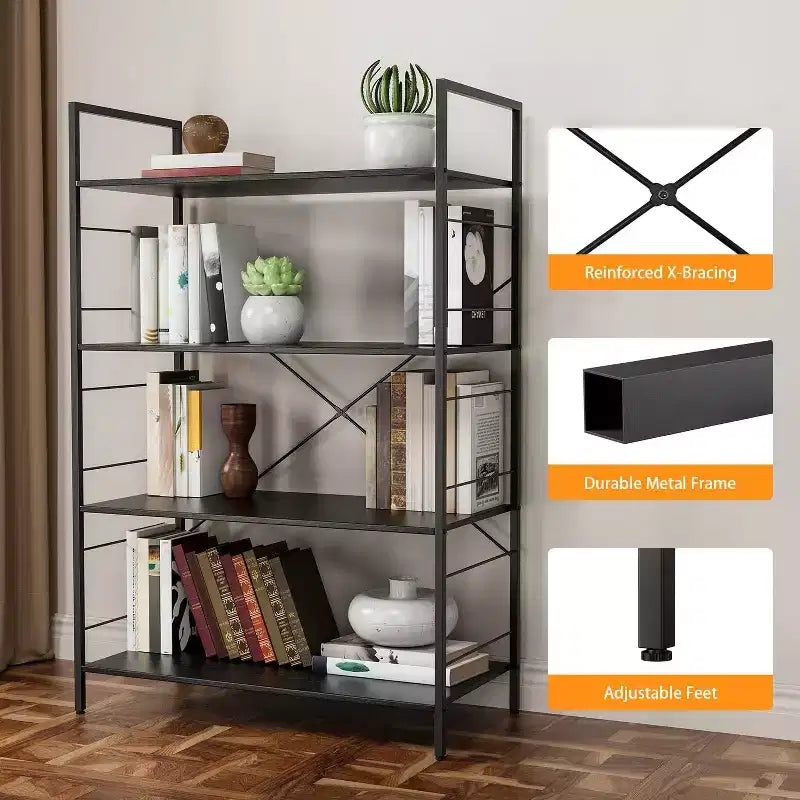 4 Tier Bookshelf, Large Bookcase w/Steel Frame, Industrial Book Shelves for Home Office, Rustic Book Shelf Organization & Storage for Bedroom
