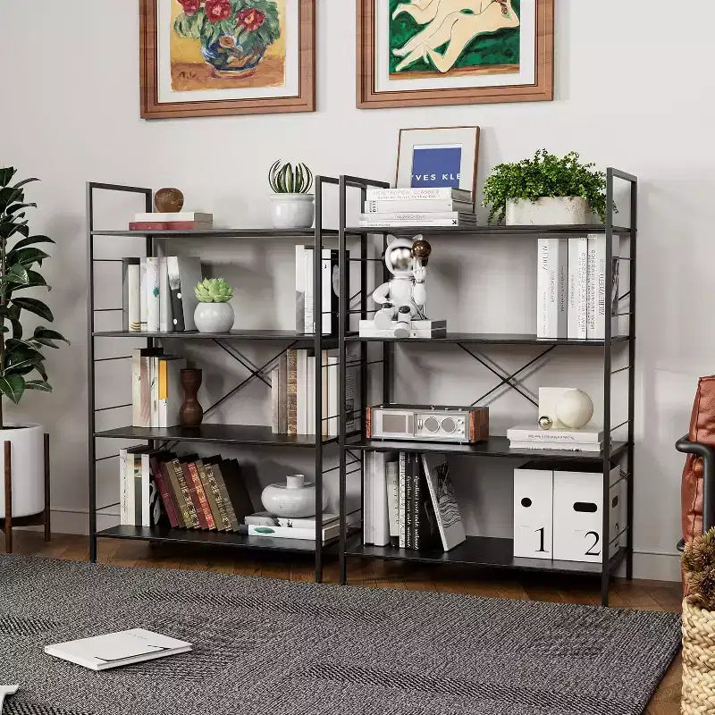 4 Tier Bookshelf, Large Bookcase w/Steel Frame, Industrial Book Shelves for Home Office, Rustic Book Shelf Organization & Storage for Bedroom
