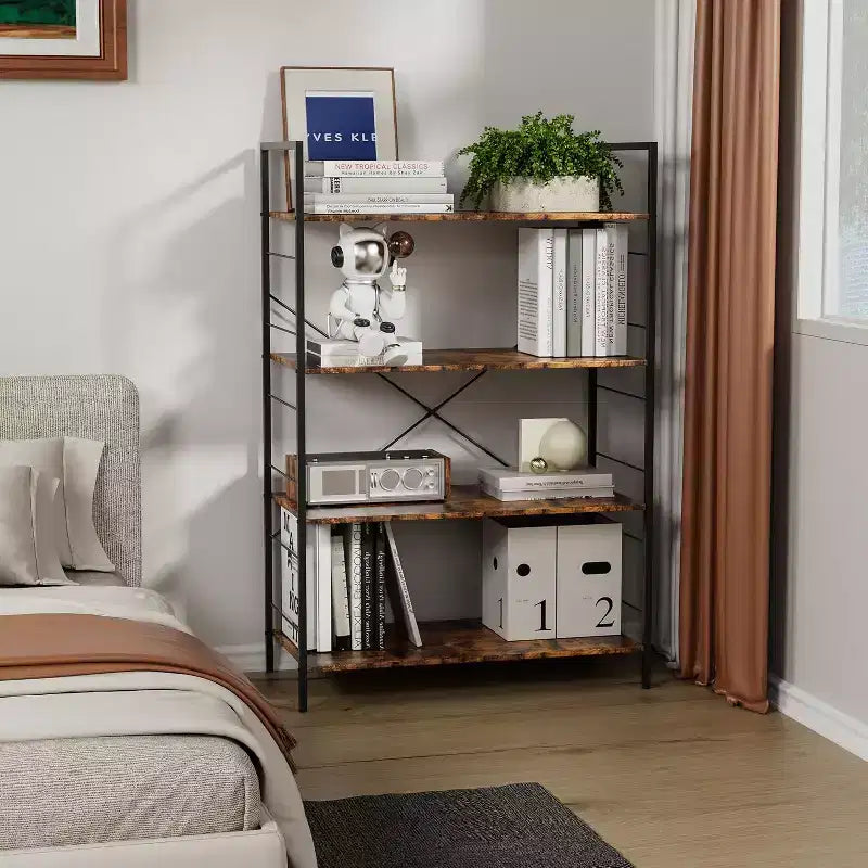 4 Tier Bookshelf, Large Bookcase w/Steel Frame, Industrial Book Shelves for Home Office, Rustic Book Shelf Organization & Storage for Bedroom