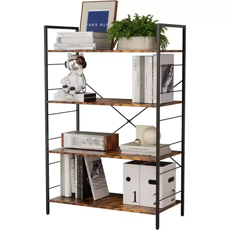 4 Tier Bookshelf, Large Bookcase w/Steel Frame, Industrial Book Shelves for Home Office, Rustic Book Shelf Organization & Storage for Bedroom