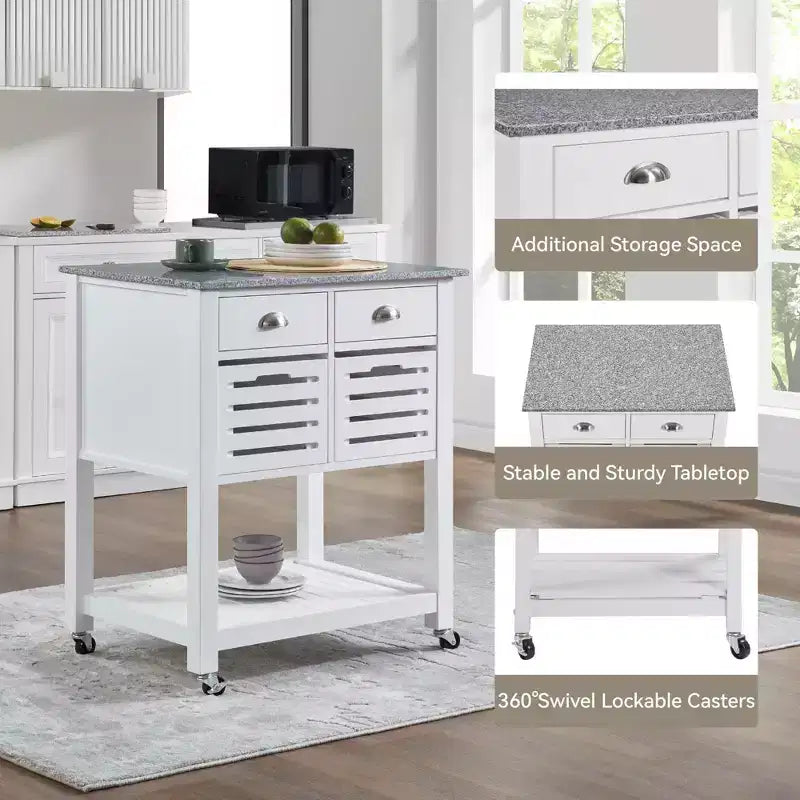 30Mobile Rolling Kitchen Island Trolley Serving Cart with Marble Top,Underneath Drawer & Slide-Out Wire Storage Basket