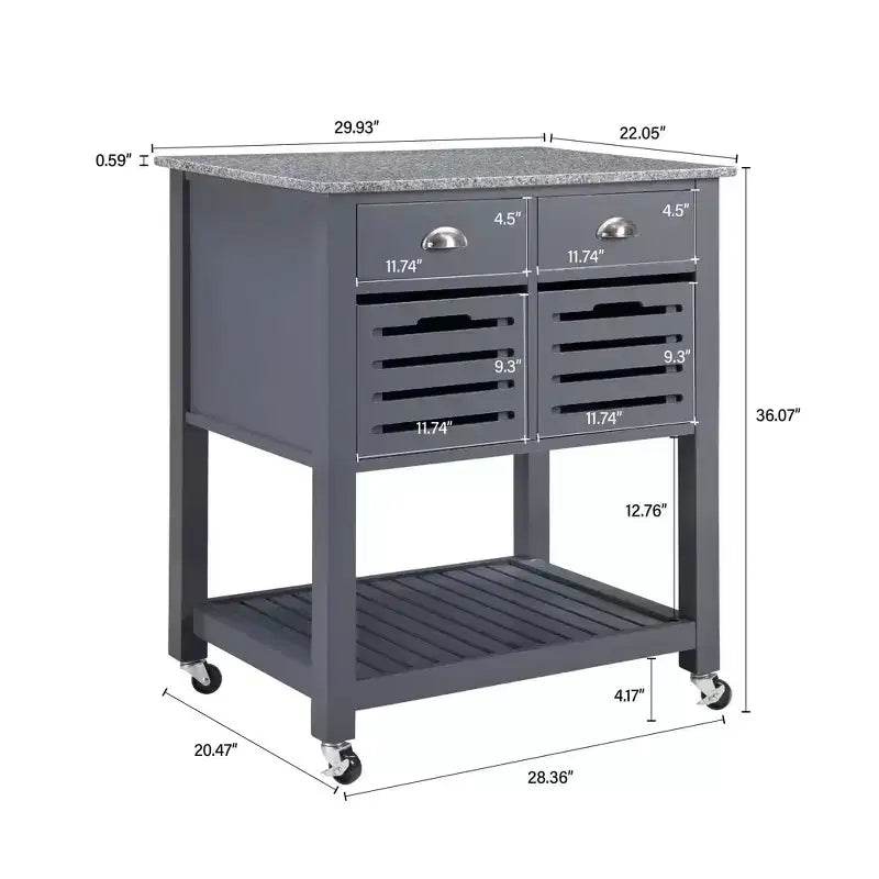 30Mobile Rolling Kitchen Island Trolley Serving Cart with Marble Top,Underneath Drawer & Slide-Out Wire Storage Basket