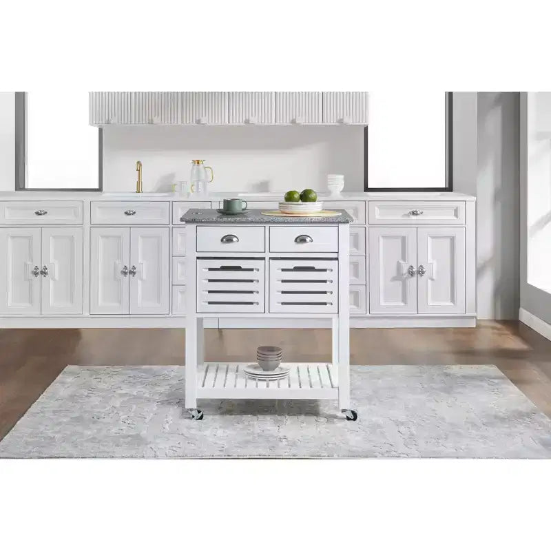 30Mobile Rolling Kitchen Island Trolley Serving Cart with Marble Top,Underneath Drawer & Slide-Out Wire Storage Basket