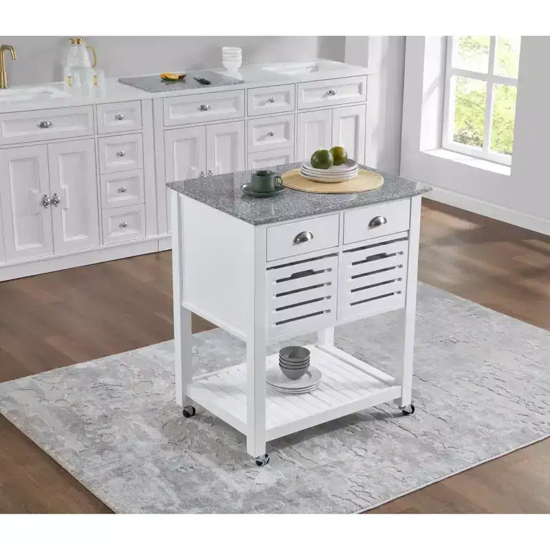 30Mobile Rolling Kitchen Island Trolley Serving Cart with Marble Top,Underneath Drawer & Slide-Out Wire Storage Basket