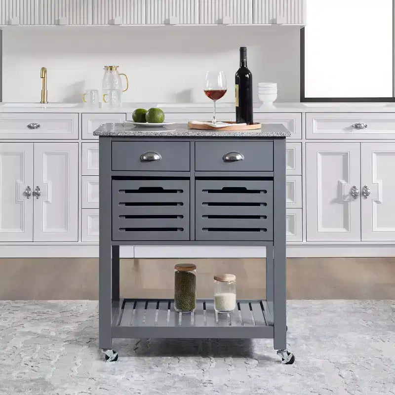 30Mobile Rolling Kitchen Island Trolley Serving Cart with Marble Top,Underneath Drawer & Slide-Out Wire Storage Basket
