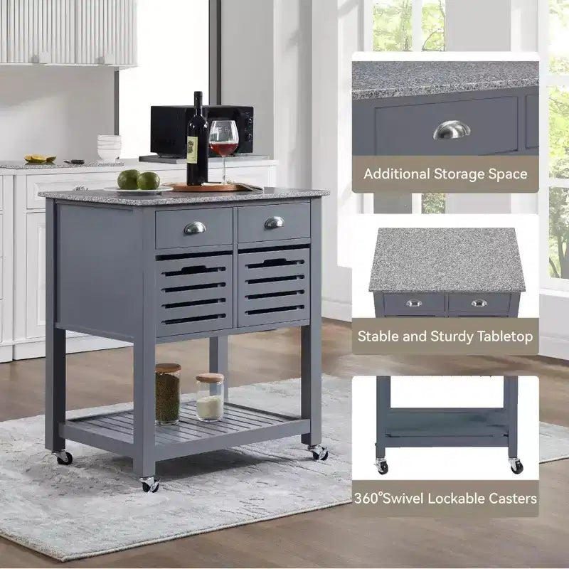 30Mobile Rolling Kitchen Island Trolley Serving Cart with Marble Top,Underneath Drawer & Slide-Out Wire Storage Basket