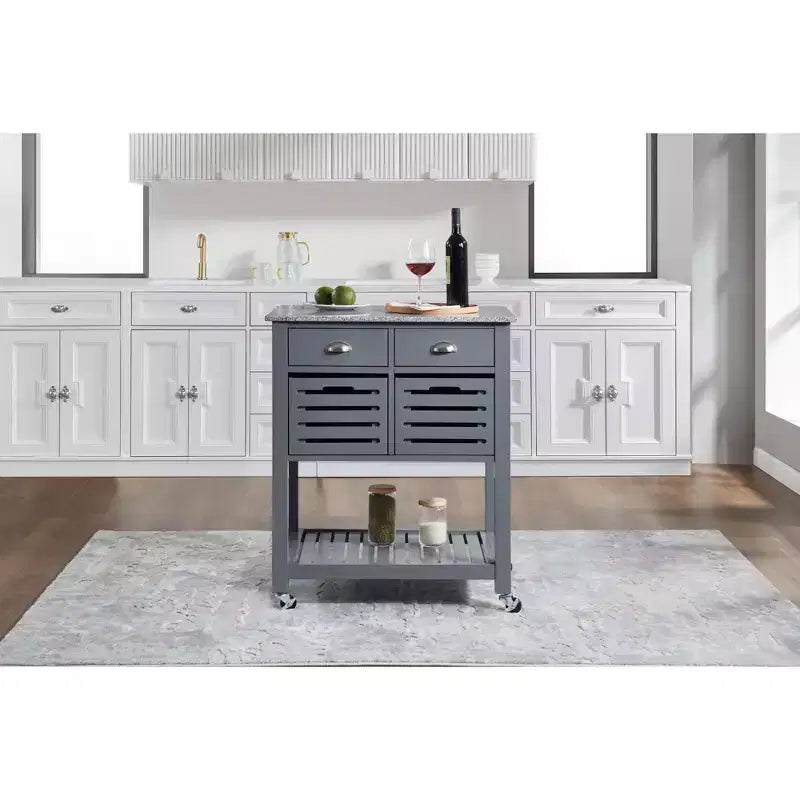 30Mobile Rolling Kitchen Island Trolley Serving Cart with Marble Top,Underneath Drawer & Slide-Out Wire Storage Basket