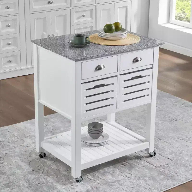 30Mobile Rolling Kitchen Island Trolley Serving Cart with Marble Top,Underneath Drawer & Slide-Out Wire Storage Basket