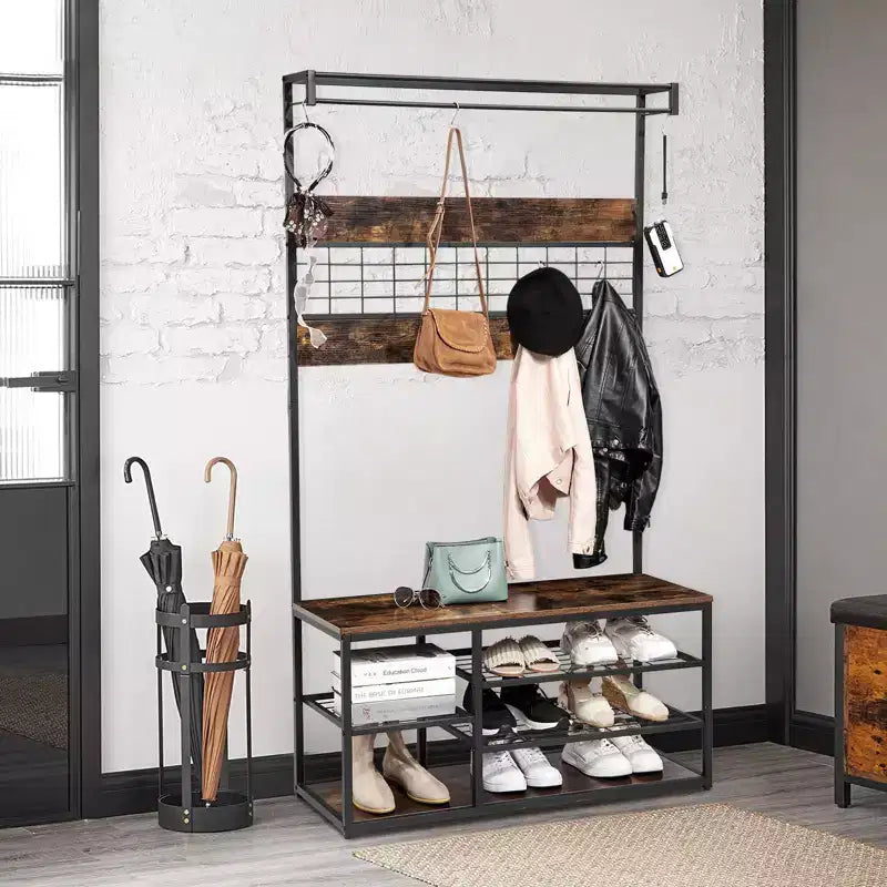 Coat Rack Hall Tree, 3-Tier Shoe Storage with 5 Hooks - Wood-Look Bench for Entryway, Industrial Rustic Design Brown & Black
