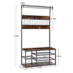 Coat Rack Hall Tree, 3-Tier Shoe Storage with 5 Hooks - Wood-Look Bench for Entryway, Industrial Rustic Design Brown & Black