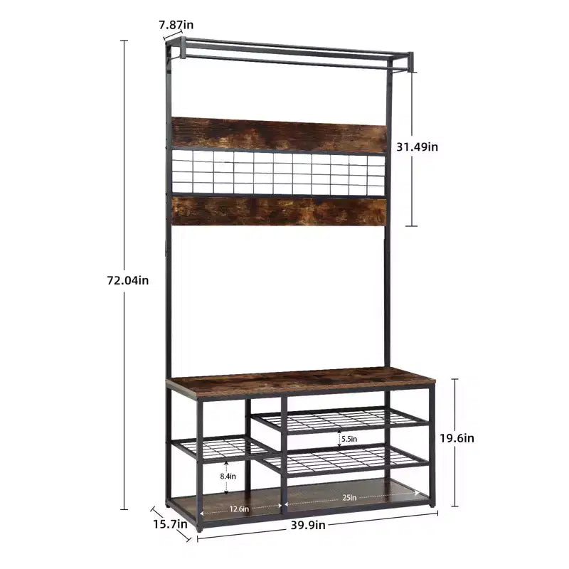Coat Rack Hall Tree, 3-Tier Shoe Storage with 5 Hooks - Wood-Look Bench for Entryway, Industrial Rustic Design Brown & Black