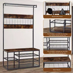 Coat Rack Hall Tree, 3-Tier Shoe Storage with 5 Hooks - Wood-Look Bench for Entryway, Industrial Rustic Design Brown & Black