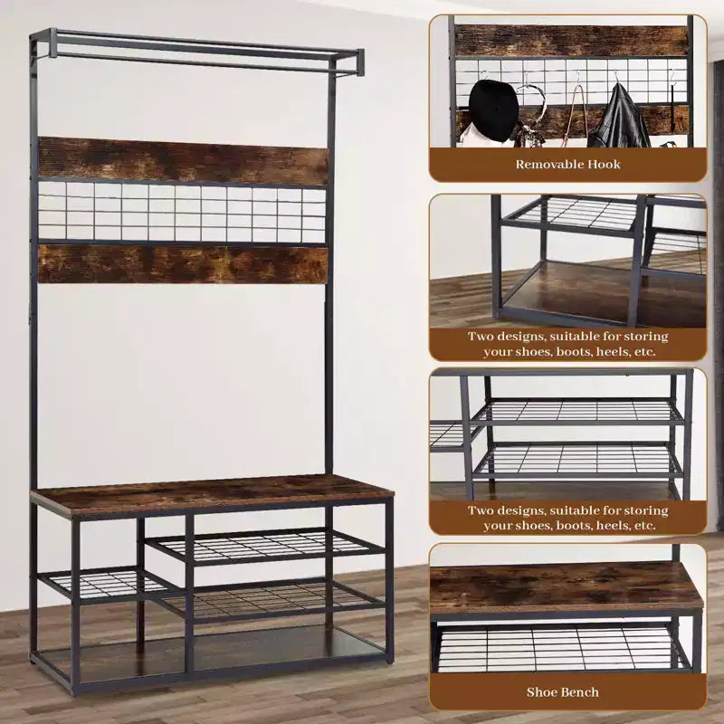 Coat Rack Hall Tree, 3-Tier Shoe Storage with 5 Hooks - Wood-Look Bench for Entryway, Industrial Rustic Design Brown & Black