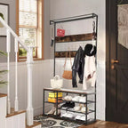 Coat Rack Hall Tree, 3-Tier Shoe Storage with 5 Hooks - Wood-Look Bench for Entryway, Industrial Rustic Design Brown & Black