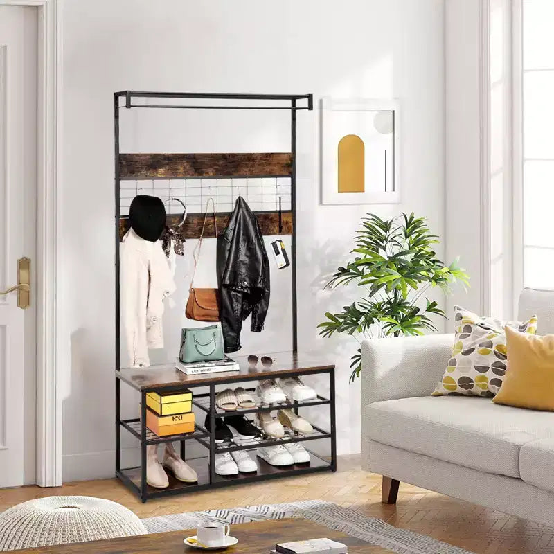 Coat Rack Hall Tree, 3-Tier Shoe Storage with 5 Hooks - Wood-Look Bench for Entryway, Industrial Rustic Design Brown & Black