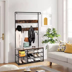 Coat Rack Hall Tree, 3-Tier Shoe Storage with 5 Hooks - Wood-Look Bench for Entryway, Industrial Rustic Design Brown & Black