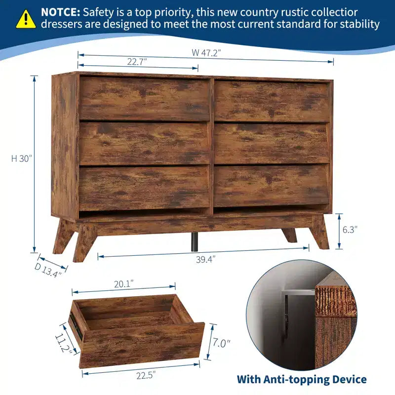 6-Drawer Dresser for Bedroom, 47.2 Wide Mid Century Chest of Drawers, Wooden Dresser TV Stand, Vintage Dressers with Bevel Design for Living Room
