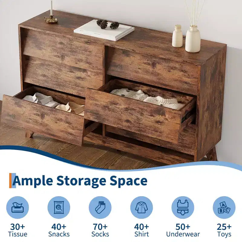 6-Drawer Dresser for Bedroom, 47.2 Wide Mid Century Chest of Drawers, Wooden Dresser TV Stand, Vintage Dressers with Bevel Design for Living Room