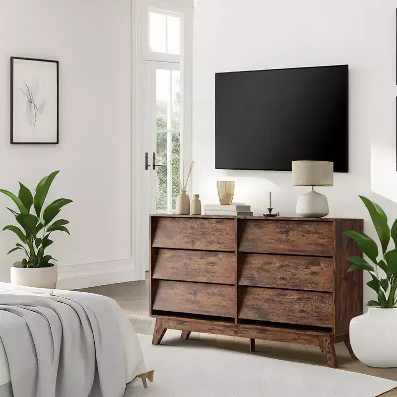 6-Drawer Dresser for Bedroom, 47.2 Wide Mid Century Chest of Drawers, Wooden Dresser TV Stand, Vintage Dressers with Bevel Design for Living Room