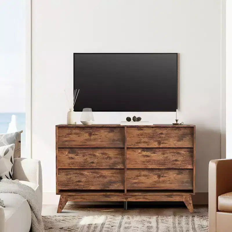 6-Drawer Dresser for Bedroom, 47.2 Wide Mid Century Chest of Drawers, Wooden Dresser TV Stand, Vintage Dressers with Bevel Design for Living Room