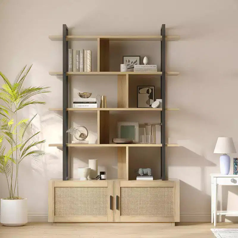 5-Tier Bookshelf with Storage Cabinet and Door, 71.1 Inch Tall Industrial Bookcase with Open Shelves for Living Room Bedroom