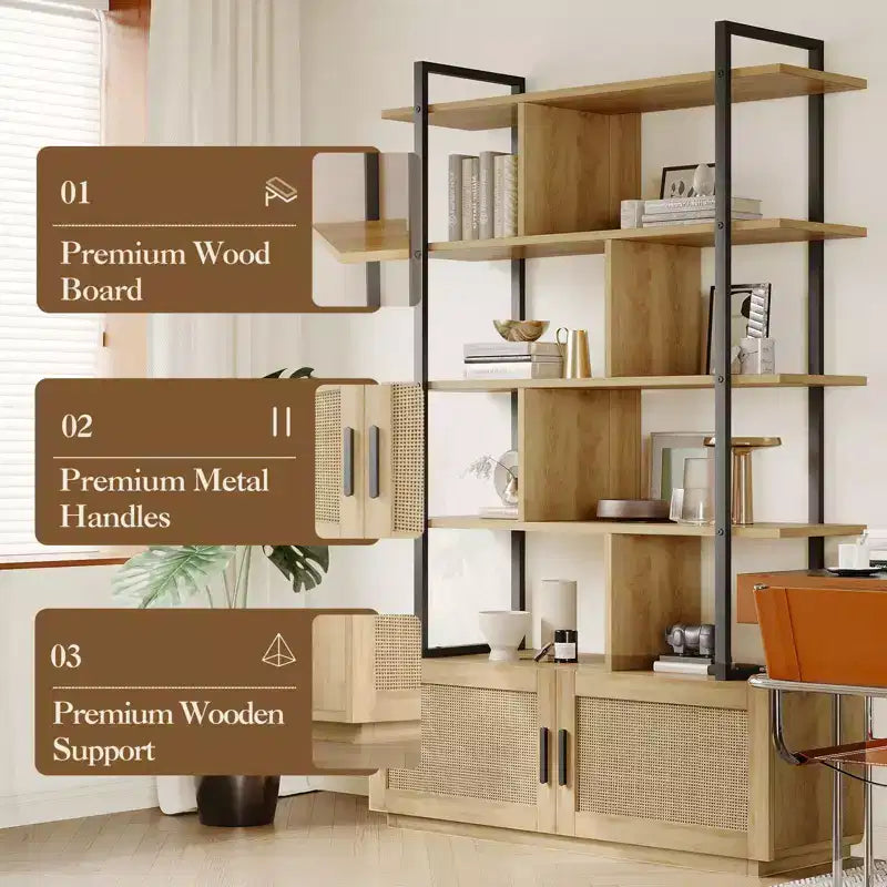 5-Tier Bookshelf with Storage Cabinet and Door, 71.1 Inch Tall Industrial Bookcase with Open Shelves for Living Room Bedroom