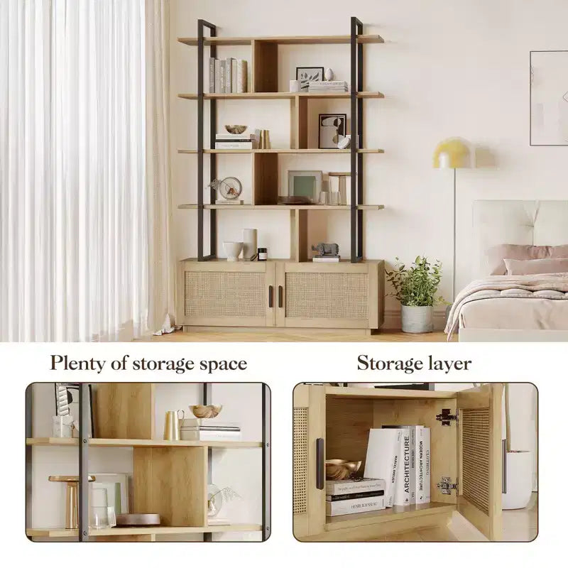 5-Tier Bookshelf with Storage Cabinet and Door, 71.1 Inch Tall Industrial Bookcase with Open Shelves for Living Room Bedroom