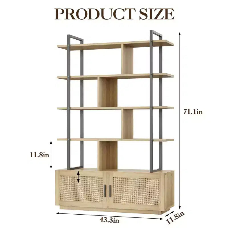 5-Tier Bookshelf with Storage Cabinet and Door, 71.1 Inch Tall Industrial Bookcase with Open Shelves for Living Room Bedroom