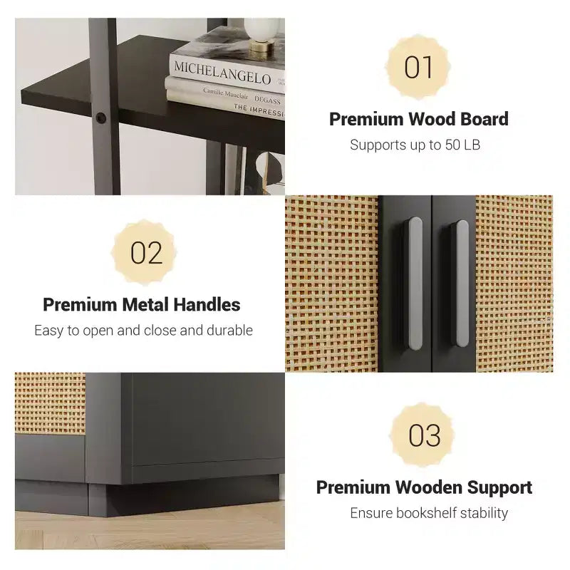 5-Tier Bookshelf with Storage Cabinet and Door, 71.1 Inch Tall Industrial Bookcase with Open Shelves for Living Room Bedroom