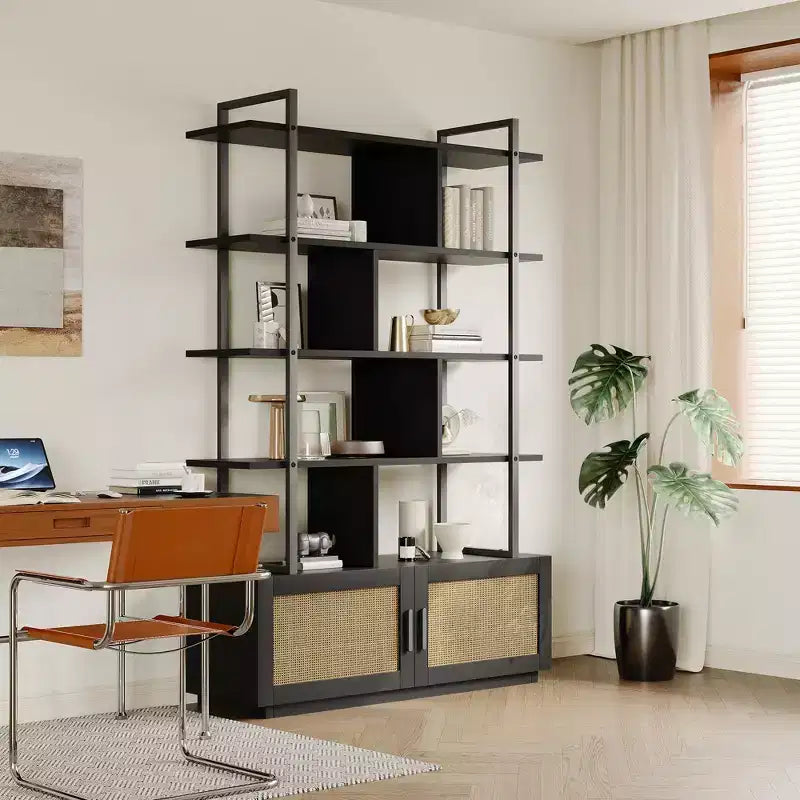 5-Tier Bookshelf with Storage Cabinet and Door, 71.1 Inch Tall Industrial Bookcase with Open Shelves for Living Room Bedroom
