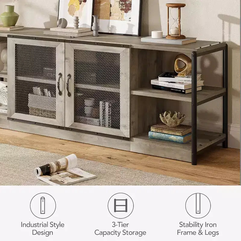 Farmhouse TV Stand for 75/80 inches TVs, Entertainment Center with Storage Cabinet and Mesh Doors, Industrial Media Console Cabinet Table