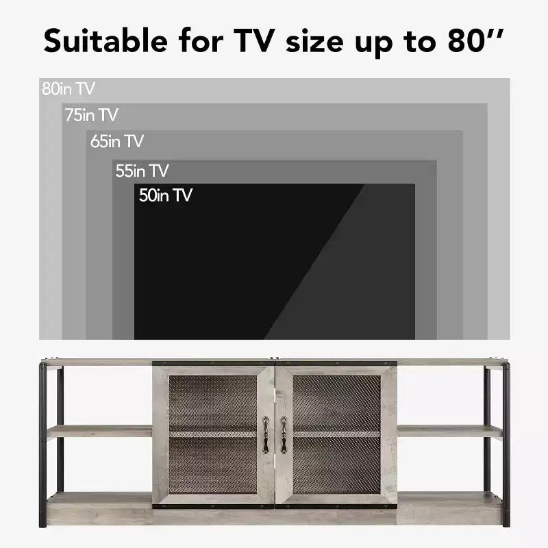 Farmhouse TV Stand for 75/80 inches TVs, Entertainment Center with Storage Cabinet and Mesh Doors, Industrial Media Console Cabinet Table