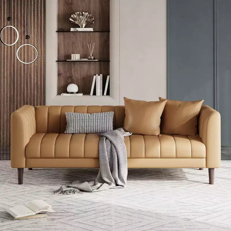 Modern 78 Faux Leather Sofa Couch, 3 Seater with Deep Seats, 2 Throw Pillows, Wood Legs, Easy Assembly, Brown