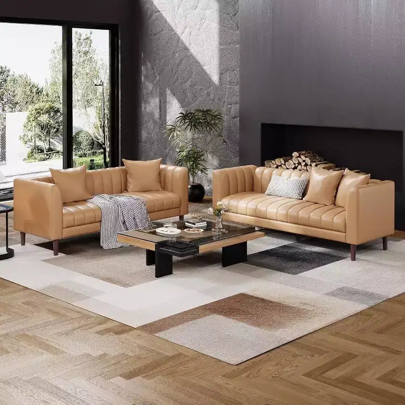 Modern 78 Faux Leather Sofa Couch, 3 Seater with Deep Seats, 2 Throw Pillows, Wood Legs, Easy Assembly, Brown