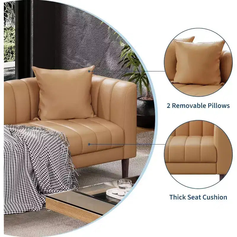 Modern 78 Faux Leather Sofa Couch, 3 Seater with Deep Seats, 2 Throw Pillows, Wood Legs, Easy Assembly, Brown