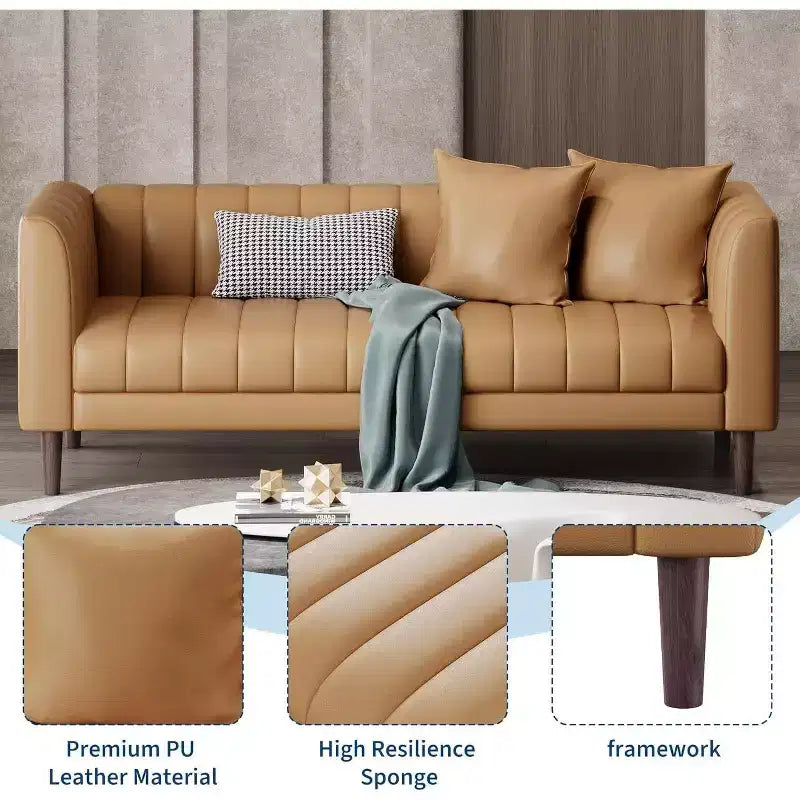 Modern 78 Faux Leather Sofa Couch, 3 Seater with Deep Seats, 2 Throw Pillows, Wood Legs, Easy Assembly, Brown