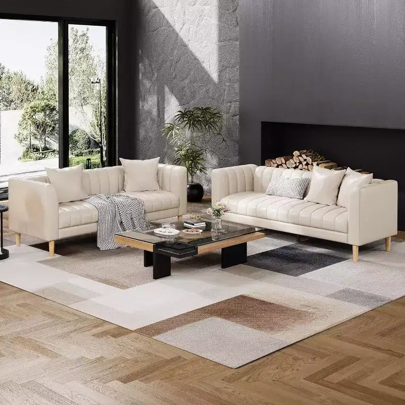 Modern 78 Faux Leather Sofa Couch, 3 Seater with Deep Seats, 2 Throw Pillows, Wood Legs, Easy Assembly, Brown