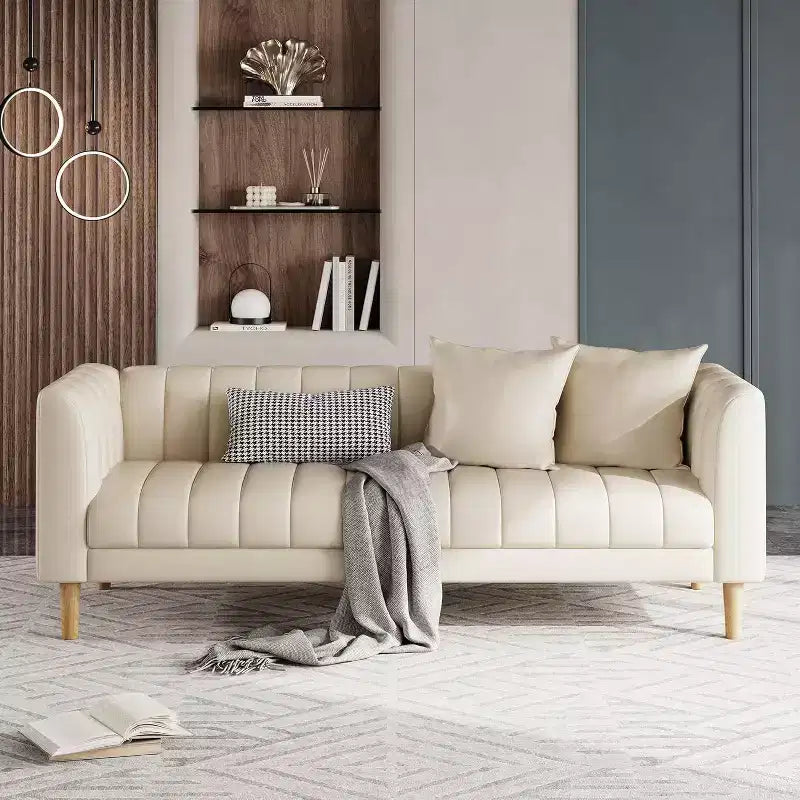 Modern 78 Faux Leather Sofa Couch, 3 Seater with Deep Seats, 2 Throw Pillows, Wood Legs, Easy Assembly, Brown