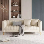 Modern 78 Faux Leather Sofa Couch, 3 Seater with Deep Seats, 2 Throw Pillows, Wood Legs, Easy Assembly, Brown
