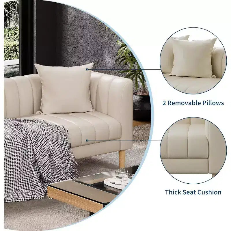 Modern 78 Faux Leather Sofa Couch, 3 Seater with Deep Seats, 2 Throw Pillows, Wood Legs, Easy Assembly, Brown