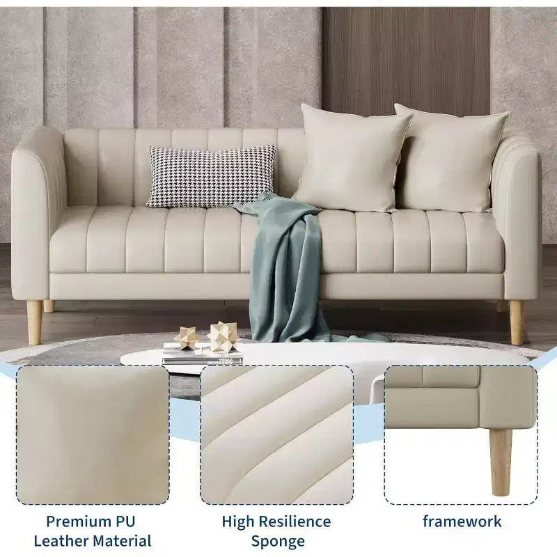Modern 78 Faux Leather Sofa Couch, 3 Seater with Deep Seats, 2 Throw Pillows, Wood Legs, Easy Assembly, Brown