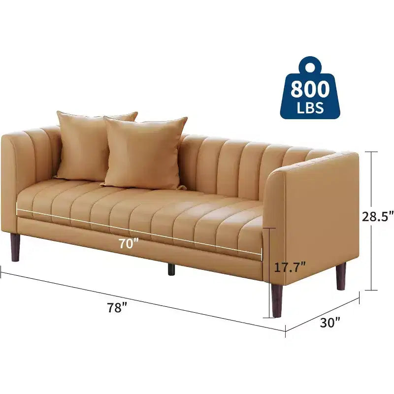 Modern 78 Faux Leather Sofa Couch, 3 Seater with Deep Seats, 2 Throw Pillows, Wood Legs, Easy Assembly, Brown