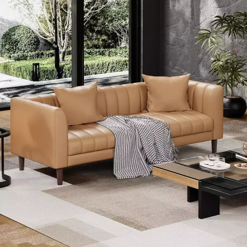 Modern 78 Faux Leather Sofa Couch, 3 Seater with Deep Seats, 2 Throw Pillows, Wood Legs, Easy Assembly, Brown