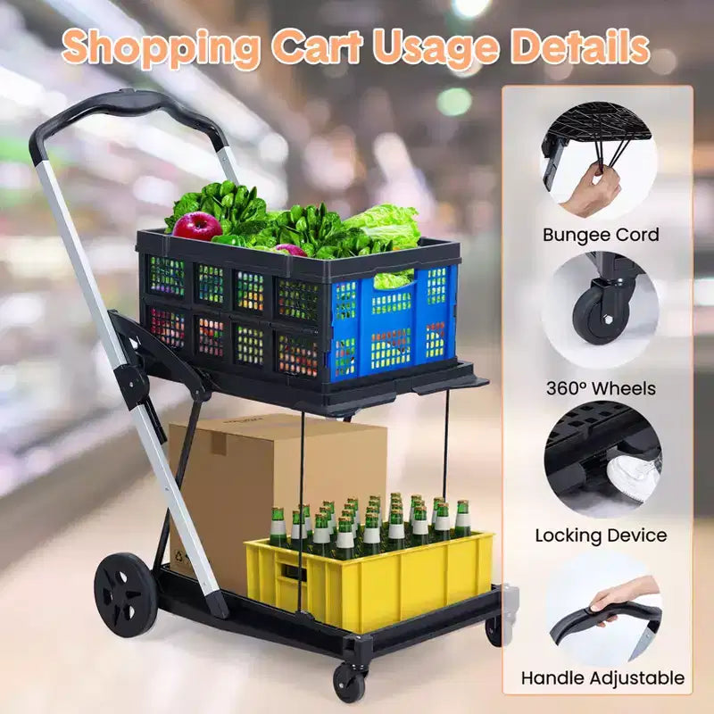 Foldable Shopping Carts for Groceries, 2-Tier Collapsible Grocery Carts with Wheels and Removable Storage Crate, Aluminum Frame Folding Trolley
