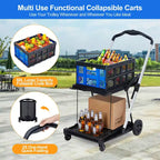 Foldable Shopping Carts for Groceries, 2-Tier Collapsible Grocery Carts with Wheels and Removable Storage Crate, Aluminum Frame Folding Trolley