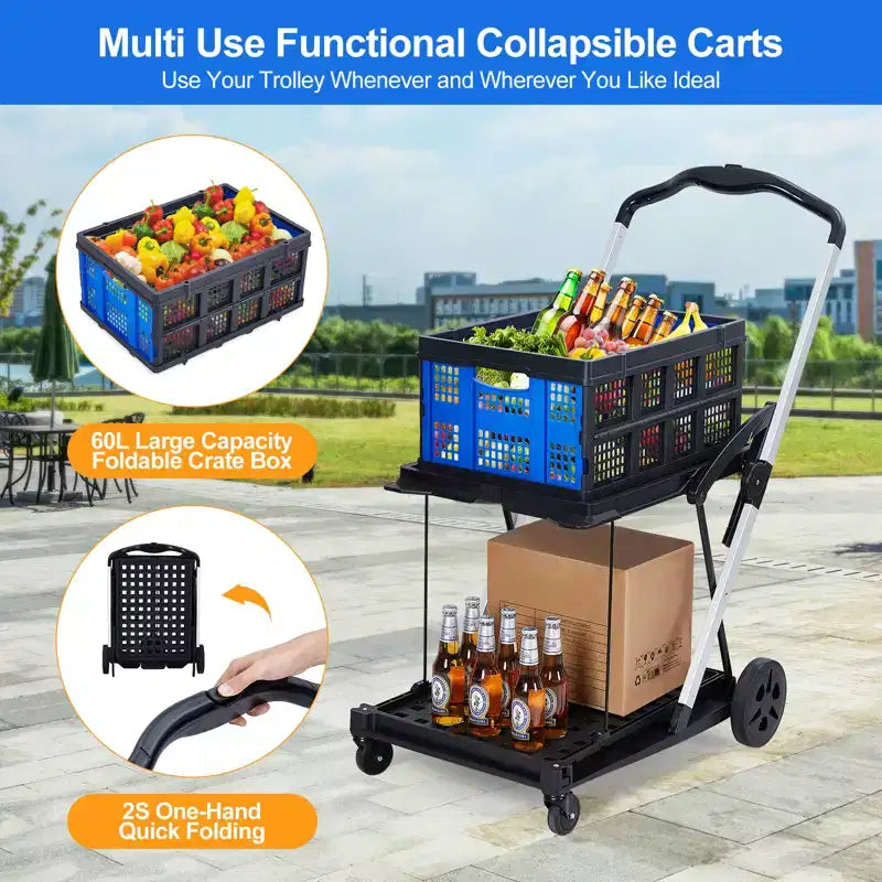 Foldable Shopping Carts for Groceries, 2-Tier Collapsible Grocery Carts with Wheels and Removable Storage Crate, Aluminum Frame Folding Trolley